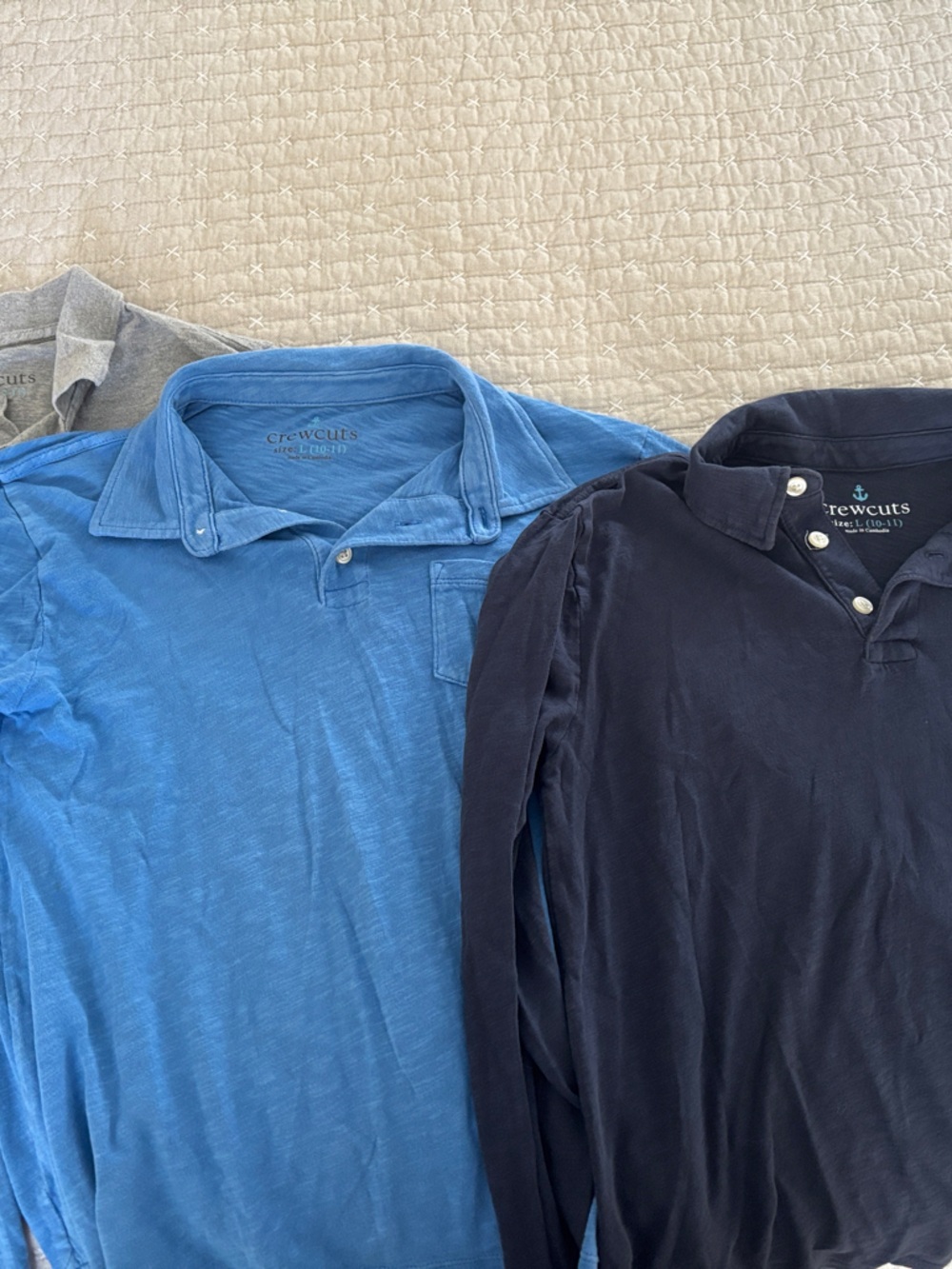 Crewcuts Three Cotton Long-Sleeve Polo Tops in Navy, Blue, Gray size 10/11